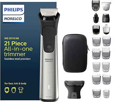 NEW Philips Norelco Multigroom Series 9000-21 piece Men's Grooming Kit for beard, body, face, nose, ear hair trimmer w/premium storage case, MG9510/60