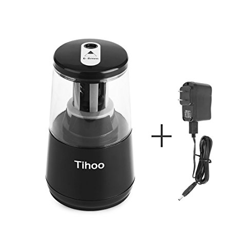 Tihoo Electric Pencil Sharpener with Safety Device, Fast Sharpen and Auto Stop for Regular and Colored Pencils, USB or AC or AA Battery Operated for Office, School, Home (Black)