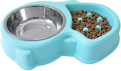 Slow Feed Anti-Choke Pet Bowl Feeder with Stainless Steel Metal Dog Water Bowl - Prevents Pets Eating Quickly Avoids Bloat - Squirrel Pattern (Green, Pink, Blue)