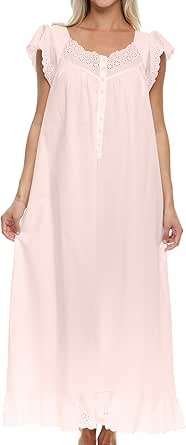 Alexander Del Rossa Long White Cotton Nightgowns for Women, Summer Nightgowns for Women Soft Cotton