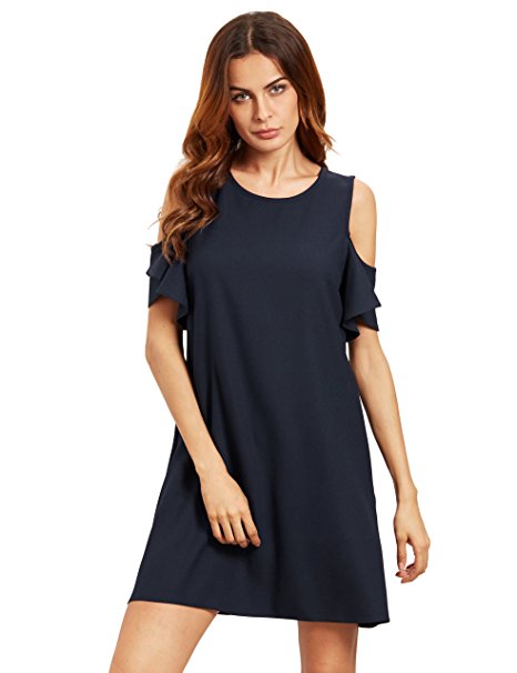 Milumia Women's Summer Cold Shoulder Ruffle Sleeves Shift Dress