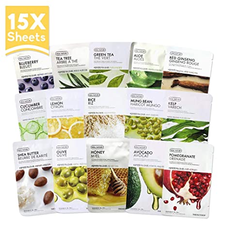 The Face Shop Facial Mask Sheets (15 Treatments), Real Nature Full Face Masks Peel Off Disposable Sheet (Pack of 15)