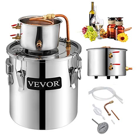 VEVOR Moonshine Still 5 Gal 21L Stainless Steel Water Alcohol Distiller Copper Tube Home Brewing Kit Build-in Thermometer for DIY Whisky Wine Brandy, 5Gal, 2 pots