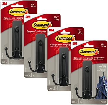 Command Large Double Wall Hooks, Total 4 Hooks with 4 Command Strips, 4 Pack of 1 Hook, Matte Black, Decorate Damage-Free