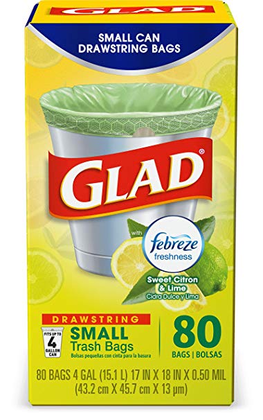 Glad OdorShield Small Drawstring Trash Bags - Febreze Sweet Citron & Lime - 4 Gallon - 80 Count