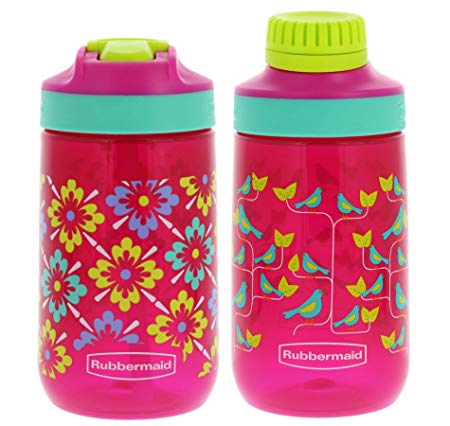 Rubbermaid Kids Water Bottle Sip, Chug - Leak-Proof Reusable Container - Help Keep Your Kids Hydrated - BPA-Free - Equipped with Protective Spout Cover - 14 Ounces, Flowers with Birds, 2 Pack