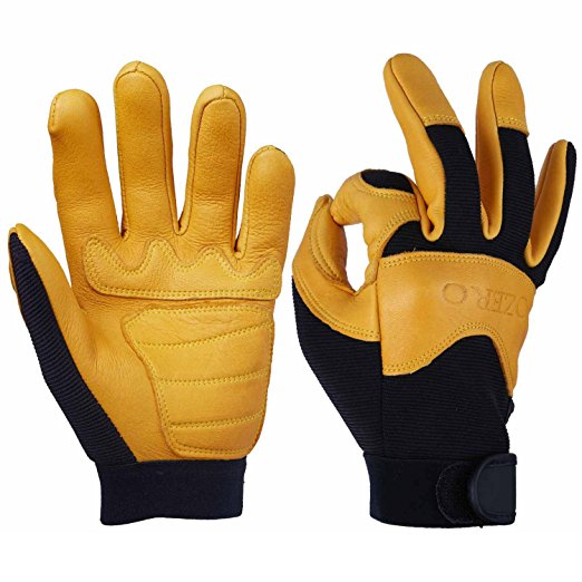OZERO Hunting Gloves, Grain Deerskin Leather Working Glove for Motorcycle, Driving, Hunting, Climbing - Extremely Soft and Snug Fit - Superior Grip Reinforced Palm Padding - (Gold, Medium)