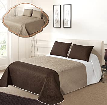 All American Collection New 3pc Solid Three Color Combination Reversible Bedspread Set (Full/Queen Size, White/Beige/Coffee)