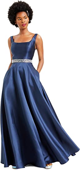 Bee Darlin B Darlin Womens Navy Embellished Pocketed Gown Sleeveless Square Neck Full-Length Prom Fit   Flare Dress Juniors 1
