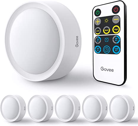 Govee Led Puck Lights, Under-Cabinet Tap Lights Battery Operated with Remote, Timer Function, and Stepless Dimming, Wireless and Easy to Install for Cabinet, Kitchen, Staircase, Wardrobe, 6 Pack