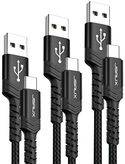 USB-C Cable 3A Fast Charging, JSAUX 3-Pack (10ft 6.6ft 3.3ft)USB A to Type C Charge Nylon Braided Cord Compatible with Samsung Galaxy S20 S10 S9 S8 Plus Note 10 9 8,PS5 Controller,USB C Charger(Black)