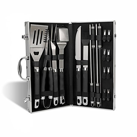 Monbix GL-80319 BBQ Grill Tools Set with 19Pcs Ergonomic Barbecue Accessories, Stainless Steel Utensils with Aluminium Case, Complete Outdoor Grilling Kit