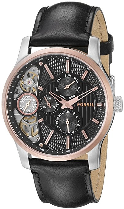 Fossil Men's ME1099 Black Leather Strap Textured Black Cutaway Analog Dial Chronograph Watch