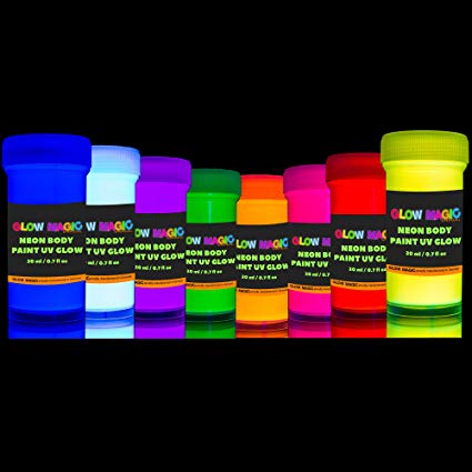 GLOW MAGIC Neon UV Body Paint Set – 8 x 0.7 fl oz – Black Light Make Up – Bodypainting Neonn Blacklight Bodypaint Face & Finger Paints