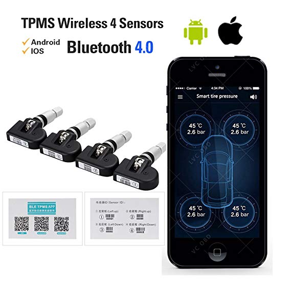BLE TPMS vc601 Bluetooth Sensor, Real-Time Temperature and Pressure Alarm Tire Pressure Monitoring System With 4 Internal Sensor (0-13.0 Bar/0-188 Psi) , Wireless Works For Andoid/iOS APP Display