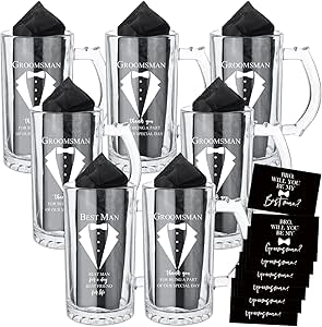 Nuanchu Set of 7 Groomsman Proposal Gifts Best Man Gift Groomsmen Beer Glass Set with Tuxedo Groomsman Glasses Will You Be My Groomsman Cards Tissue Paper for Bachelor Party(Beer Mugs, 17 oz)