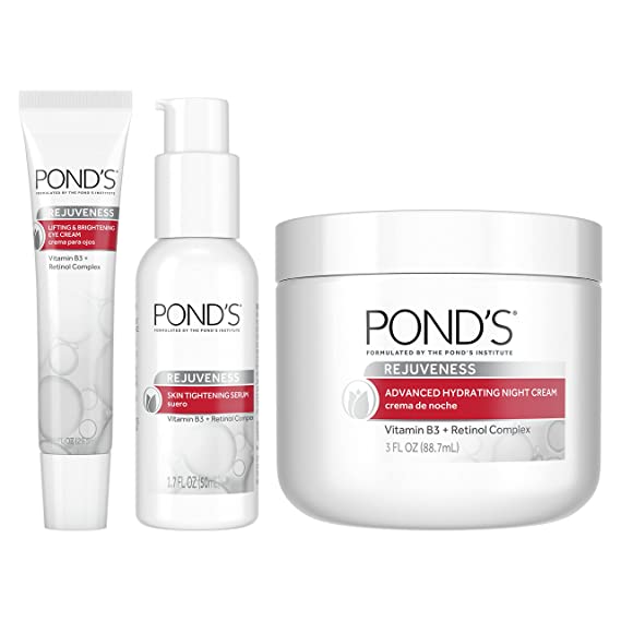 Pond's Rejuveness Wrinkle Cream Skin Care bundle includes Eye Cream, Face Serum, and Anti-Aging Night Cream Vitamin B3 and Retinol Complex 3 Count