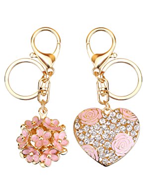Mtlee Flowers Ball Keychain and Sweet Love Heart Rose Flower Crystal Keyring, 2 Pieces