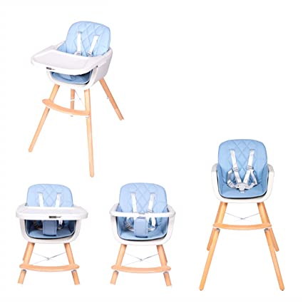 Kinbor Baby Wooden High Chair - 3 in 1 Convertible Baby Highchair Solution for Babies and Infants, highchairs & Booster Seats with Cushion Removable Tray and Adjustable Legs - Blue