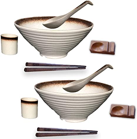 BETTER LIVIN 10 Pc Glazed Ceramic Ramen Bowl Set (60oz) with 2 Japanese Bowls and Spoons, 2 Wood Chopsticks, 2 Spoon Holders, 2 Asian Tea Cups-Microwave, Freezer & Dishwasher Safe for Noodles-White