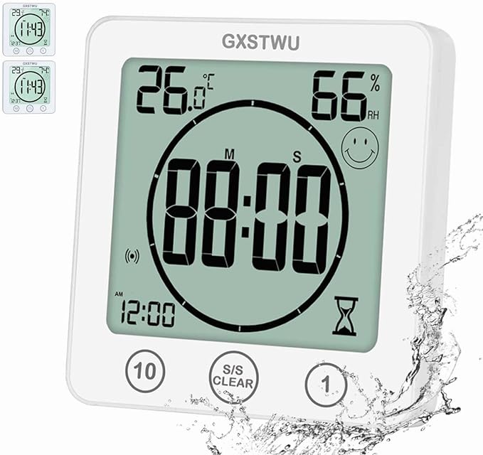 GXSTWU Digital Shower Clock Waterproof Timer with Alarm, Bathroom Kitchen Wall Clock, Touch Screen Timer [Count up and Down], Thermometer Hygrometer Suction Cup Hanging Hole Stand Magnet (2packs)