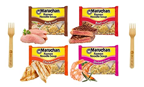 Maruchan Ramen Noodle Chicken, Beef, Shrimp, and Pork Variety, 3 Ounce (Pack of 24) - with Spice of Life Sporks