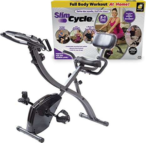 BulbHead As Seen On TV Slim Cycle 2-in-1 Stationary Bike - Folding Indoor Exercise Bike with Arm Resistance Bands and Heart Monitor - Perfect Home Exercise Machine for Cardio