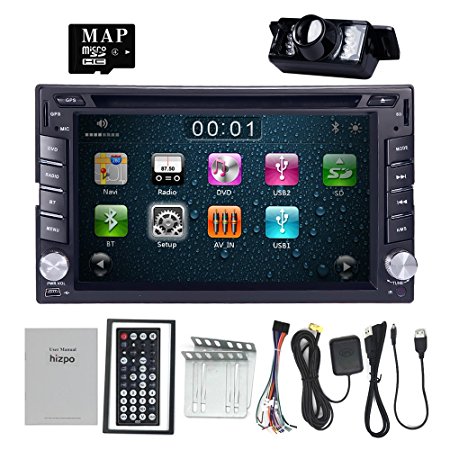 HIZPO 6.2 Inch Universal Double 2 Din In Dash Car CD DVD Player GPS Stereo Radio BT USB IPOD RDS 3G   FREE MAP CARD   Reverse Camera