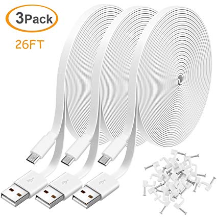 3 Pack 26FT Power Extension Cable for WyzeCam,WyzeCam Pan,KasaCam Indoor,NestCam Indoor,Yi Camera, Blink,Amazon Cloud Cam, USB to Micro USB Durable Charging Cord for Security Camera with Wire Clips