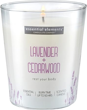 Essential Elements Lavender and Cedarwood Single-Wick Aromatherapy Candle with 50 Hours of Burn Time, 9 oz. Jar, Off White