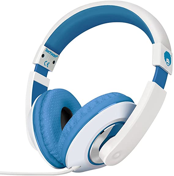 Rockpapa Comfort Stereo Wired Over/On Ear Headphones Earphones, Adjustable Headband for Adults/Kids Childs Boys Girls, iPod iPad MP3/4 CD/DVD Mobile Laptop Tablet in Car Airplane Travel White Blue