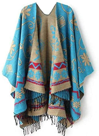 Amaone Women Winter Cardigan Shawl, Pashmina Wraps Scarf Scarves Print Knitted Cashmere Poncho Capes Sweater Coat Long Stoles Warm for Ladies Girls Blue