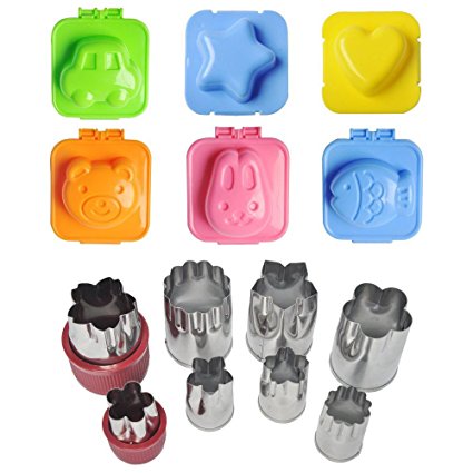 PYS Bundle of Egg Sushi Rice Mold and Vegetable Cutter Shapes Set, 6 Sets of Rice Mold and 8 Pieces Fruit Cookie Cutter Mould Cake Cheese Stamps Cute Bento Accessories for Customized Kids Food Making
