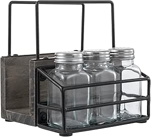 MyGift 4 Piece Set Vintage Gray Solid Wood and Industrial Black Metal Wire Napkin Holder and Spice Rack with 3 Glass Shakers for Salt, Pepper, or Seasonings