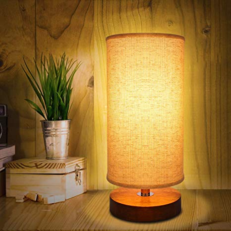 Round Bedside Table Lamp, Kakanuo Minimalist Solid Wood Nightstand Lamp, Round Bedside Simple Desk Lamp with Fabric Shade for Baby Room, Kids Room, Living Room
