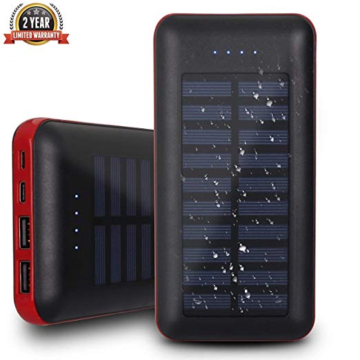 Solar Charger 26800mAh Solar Power Bank Portable Charger, Solar Phone Charger with 3 Fast Charging USB Port and Dual Input(USB-C & Micro) External Battery Pack for All Smartphone Tablet (Red)