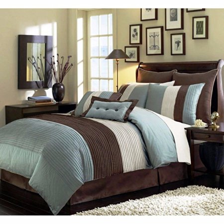 chezmoi Collection 90 x 92-inch 8-Piece Luxury Stripe Comforter bed-in-a-bag Set, Queen (Queen, Blue/Beige/Brown)
