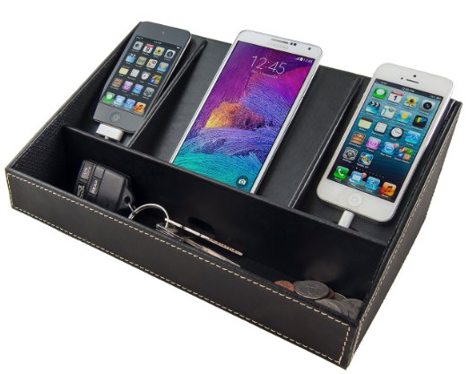 Stock Your Home Black Desktop Electronics Charging Caddy Electronics Organizer Charging Dock and Phone Charging Station Organizer Faux Leather