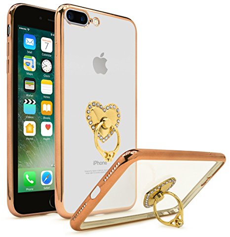 Bastex Ultra Thin TPU Clear Bumper Case with Attachable Heart Pink Diamond Ring Holder for Apple iPhone 7 Plus - Gold