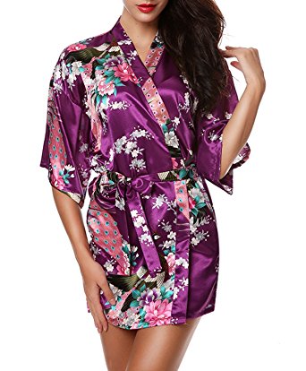 Bluetime Womens Kimono Robe Peacock Blossoms Bridal Sleepwear Short Satin Robe