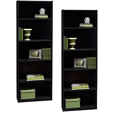 Ameriwood Set of 2 (Bundle) 5-shelf Bookcases. Choice of White, Black, Espresso, Ruby Red and Alder. Adjustable Shelves, Decorative and Contemporary. Harmonizes Well with Most Decor Styles. Use in Living Room, Family Room, Home Office, Work Office, or Any Room. (Black)