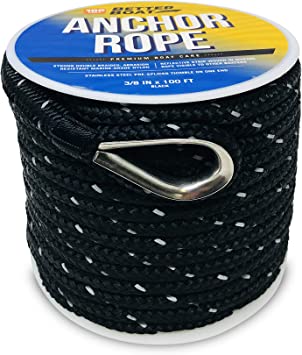 Premium Anchor Rope Double Braided Boat Anchor Line 100 ft Black Marine Grade 3/8 Rope