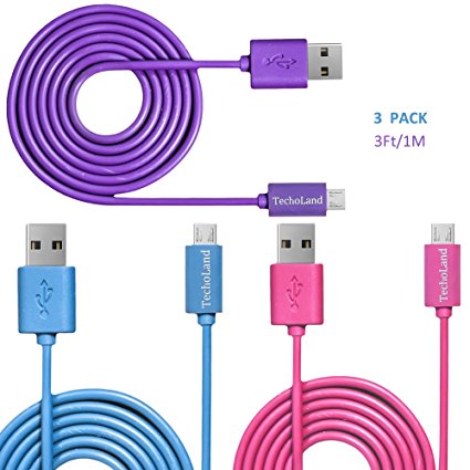Micro USB Cables, Techoland Colorful [3 Pack] Premium 3ft Charging Cord and Data Sync Cable for Micro USB Connecting Devices (Pink/Purple/Blue)