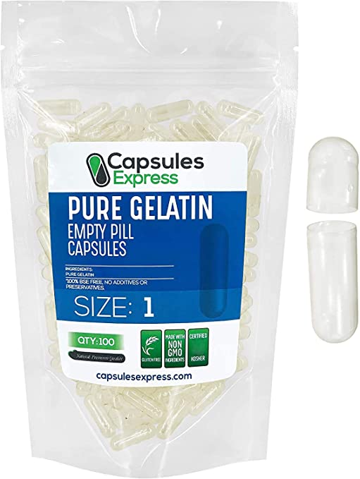 Capsules Express- Size 1 Clear Empty Gelatin Capsules 100 Count - Kosher and Halal - Pure Gelatin Pill Capsule - DIY Powder Filling