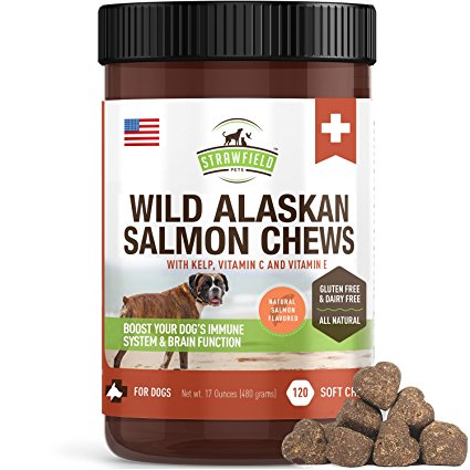 Omega 3 for Dogs, Wild Alaskan Salmon Oil Dog Treats - 120 Gluten-Free Chews - EPA DHA Fish Oil Supplement for Canine Joint Health Support, Dry Itchy Skin, Shiny Healthy Coat - Strawfield Pets, USA