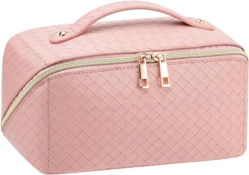 Large Capacity Travel Cosmetic Bag, Toiletry Bag, Women Portable Makeup Bag Opens Flat for Easy Access, PU Leather Waterproof Travel Cosmetic Bag with Handle and Divider