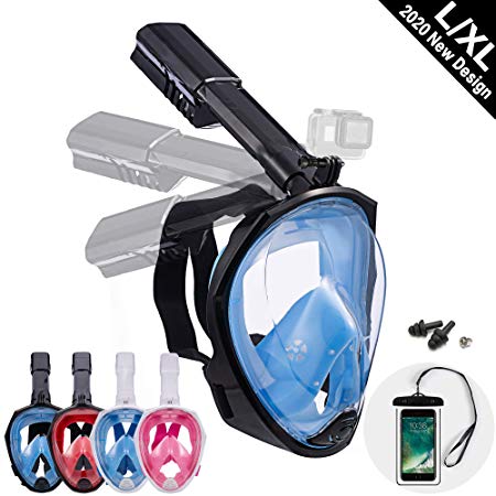 Dekugaa Full Face Snorkel Mask, Snorkeling Mask with Detachable Camera Mount, Panoramic 180° View Upgraded Dive Mask with Safety Breathing System Dry Top Set Anti-Fog Anti-Leak