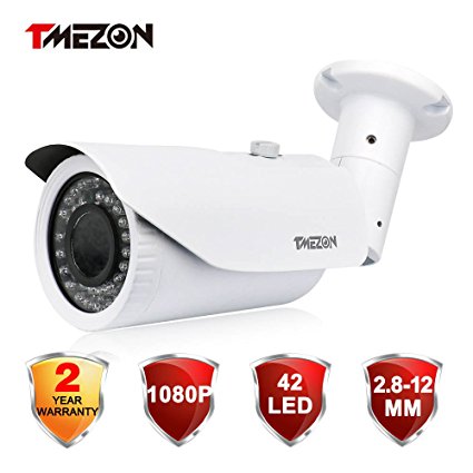 TMEZON HD-CVI 1/2.9" 2.0MP Security Camera 1080p High Definition 2.8-12mm Manual Zoom Varifocal Lens Indoor/Outdoor 42IR LEDs Day Night Camera