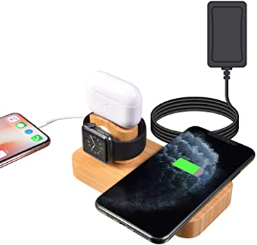 Bamboo Wireless Charger, 4 in 1 15W Fast Charging Station Compatible with iPhone 12/11 Series/XS MAX/XR/XS/X/8/8 Plus/Samsung/Apple Watch 6/SE/5/4/3/2/1/AirPods