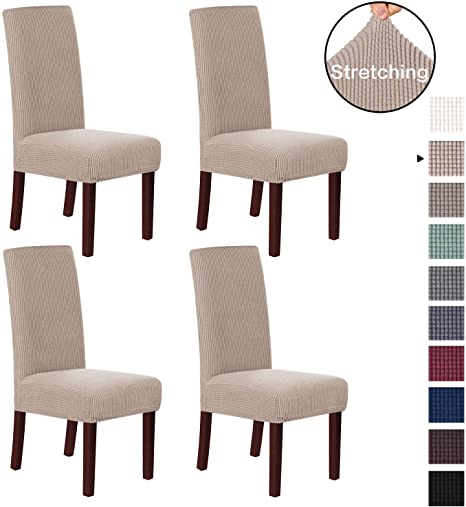 Stretch Dining Chair Covers Chair Covers for Dining Room Set of 4 Parson Chair Covers Slipcovers Chair Protectors Covers Dining, Feature Spandex Textured Checked Jacquard Fabric, Sand